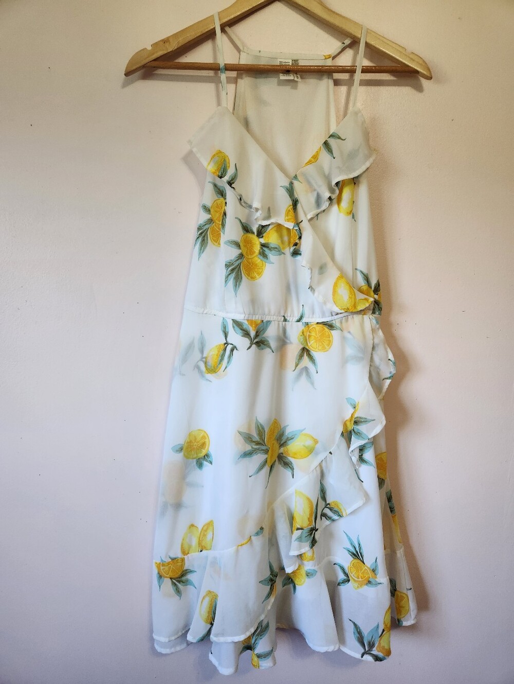 Japna Lemon Citrus Print Ruffle Wrap Sundress White Yellow Summer Cottagecore S